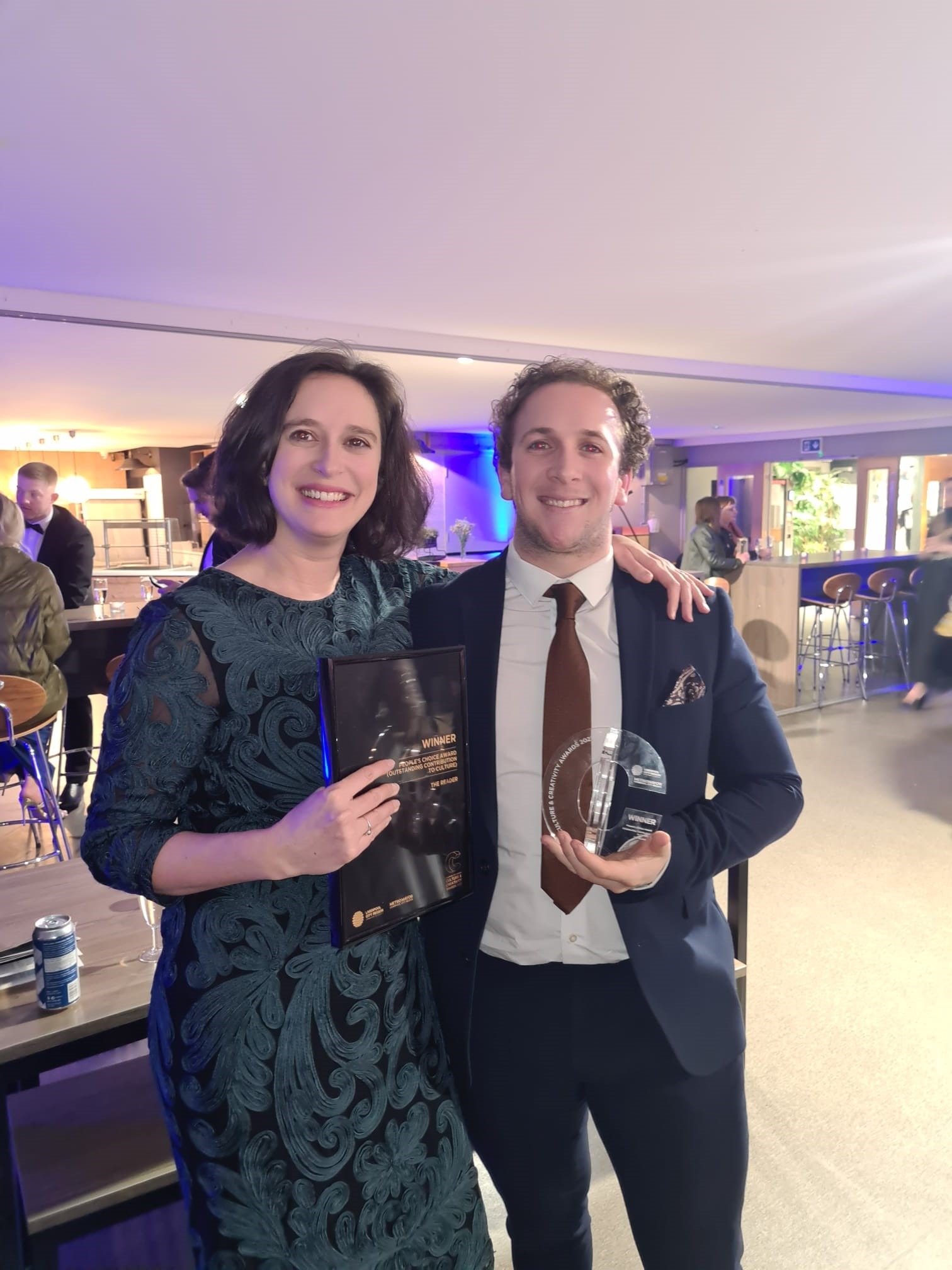 Jemma and Greg picking up the Outstanding Contribution to Culture Award at Liverpool City Region’s Culture and Creativity Awards 2021